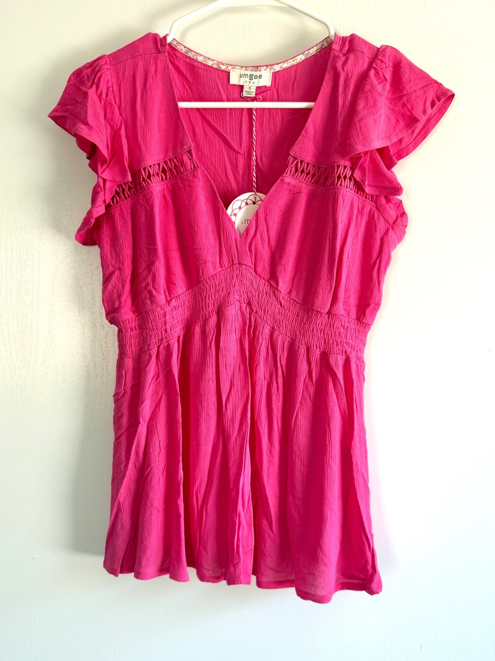 Umgee Bright Pink Flutter Sleeve Deep V-Neck Top With Lace Trim Empire Waist
